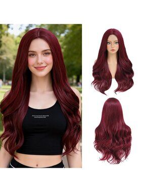 Women's Wine Red 26 Inch Middle Part Natural Looking Synthetic Curly Wigs